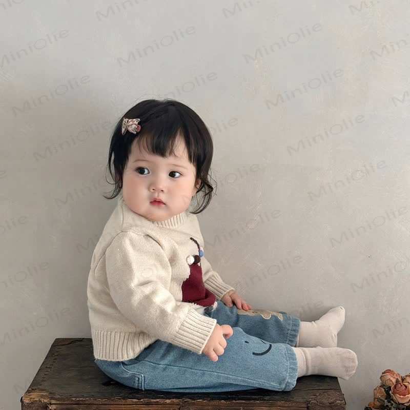ベビー幼児女の子用ニットアップルセーター＆スマイリーベアデニムパンツ - image 2