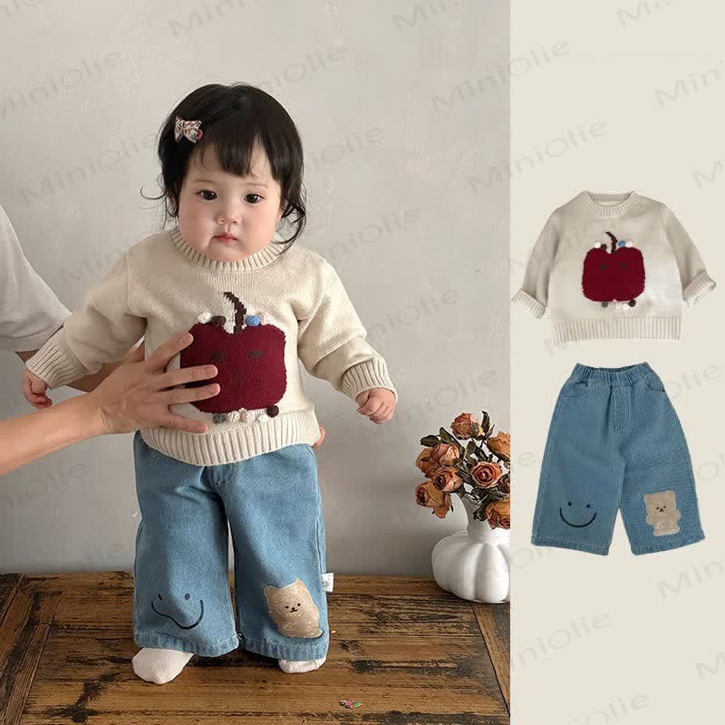 ベビー幼児女の子用ニットアップルセーター＆スマイリーベアデニムパンツ - image 1