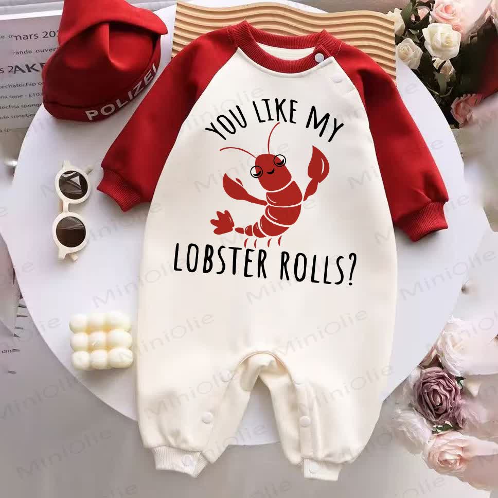 YOU LIKE MY LOBSTER ROLLS?ベビーレッド スプライシングロンパース - 赤と白 - 2～3歳 - image 1