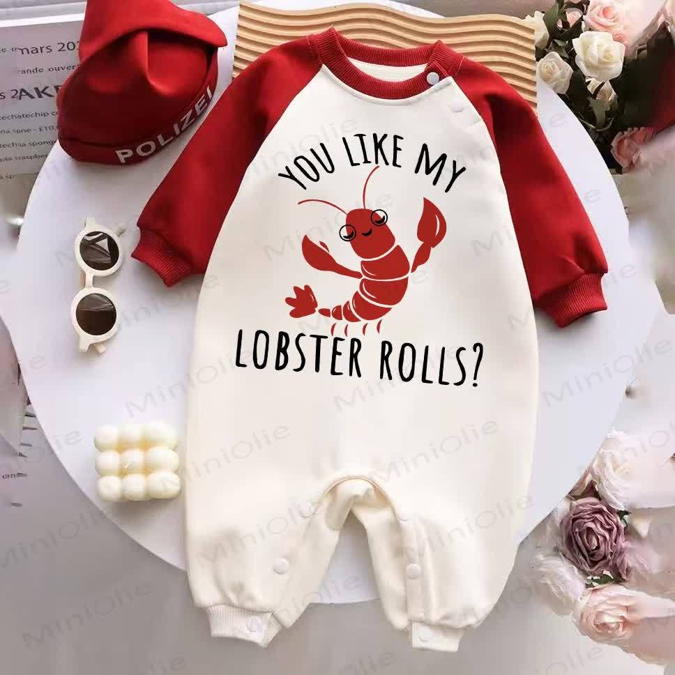 YOU LIKE MY LOBSTER ROLLS?ベビーレッド スプライシングロンパース - 赤と白 - 2～3歳 - image 1