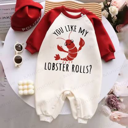 YOU LIKE MY LOBSTER ROLLS?ベビーレッド スプライシングロンパース - 赤と白 - 2～3歳 - image 1