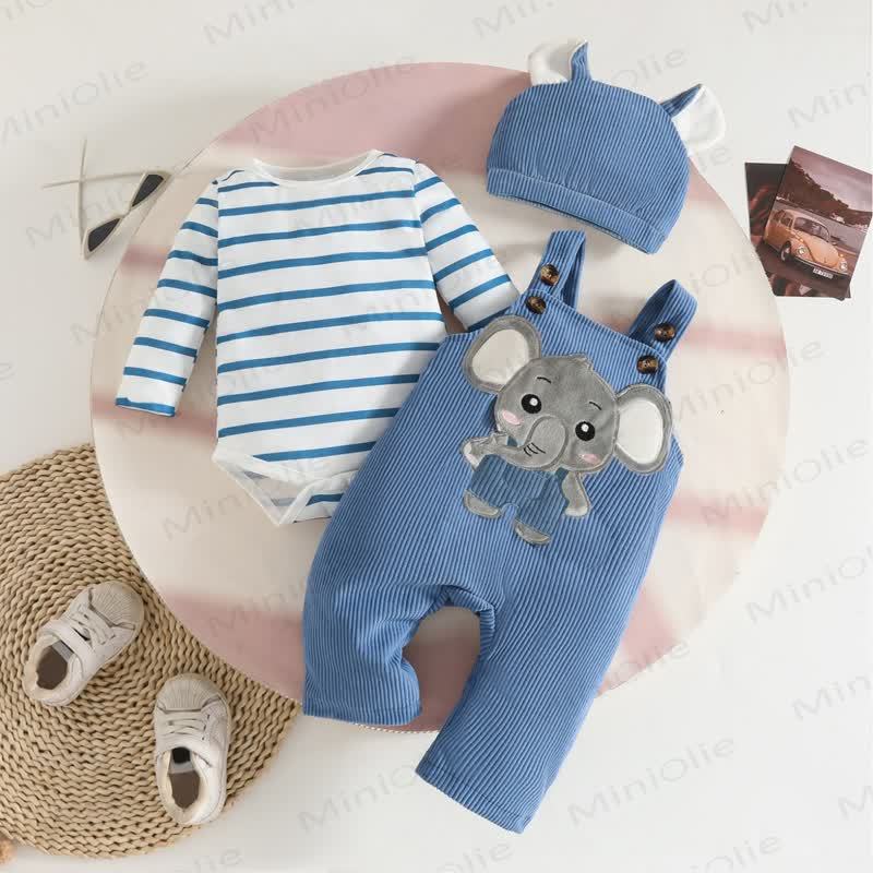 男の子用アニマルコードオーバーオール＆ストライプボディスーツ（帽子付き） - ブルーエレファント - 12～18ヶ月 - image 6