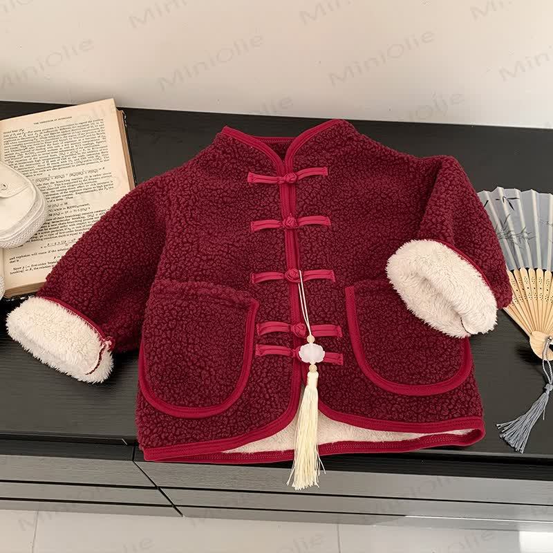 キッズ レトロ 無地 フリース アウターウェア - 赤 - 12歳 - image 4