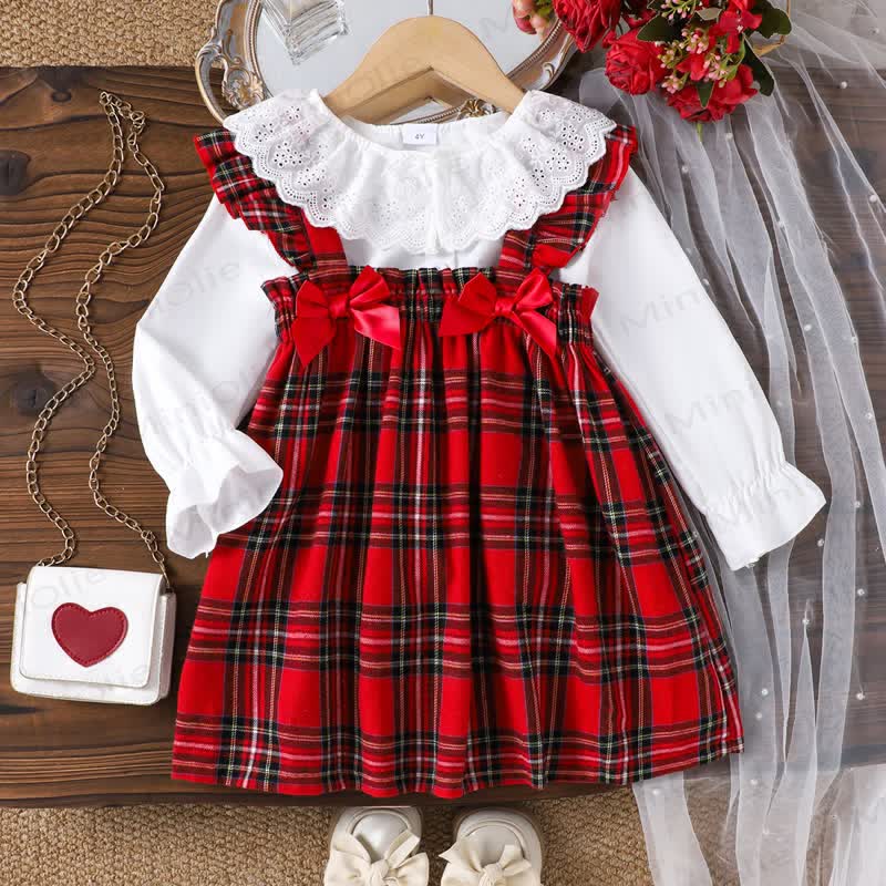幼児用女の子用リボンレースレッドチェック柄ノースリーブDress - 赤 - 7歳 - image 1