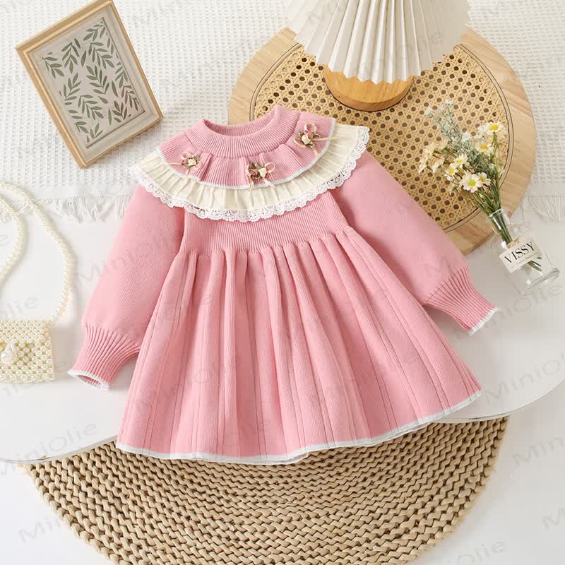 幼児用女の子用フラワー柄ダブルレイヤークルーネックニットDress - ピンク - 8歳 - image 1