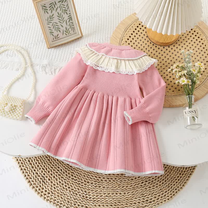 幼児用女の子用フラワー柄ダブルレイヤークルーネックニットDress - image 2