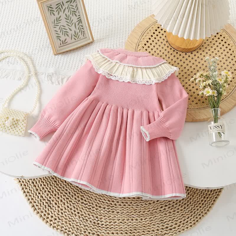 幼児用女の子用フラワー柄ダブルレイヤークルーネックニットDress - image 2