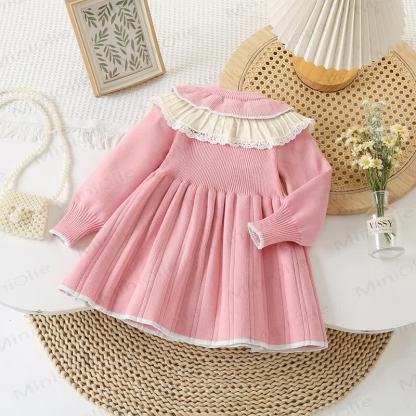 幼児用女の子用フラワー柄ダブルレイヤークルーネックニットDress - image 2