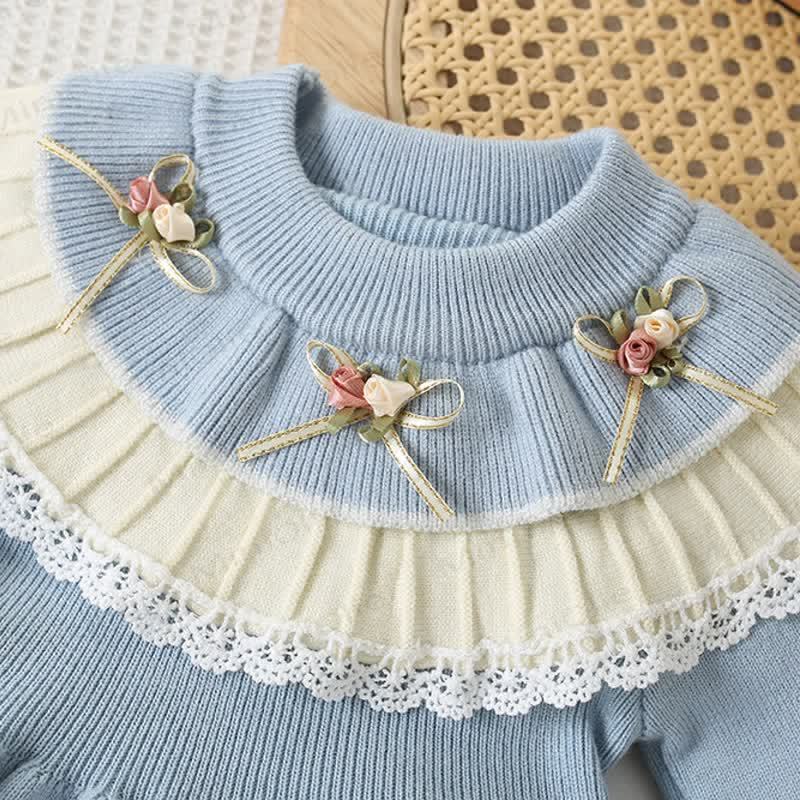 幼児用女の子用フラワー柄ダブルレイヤークルーネックニットDress - image 6