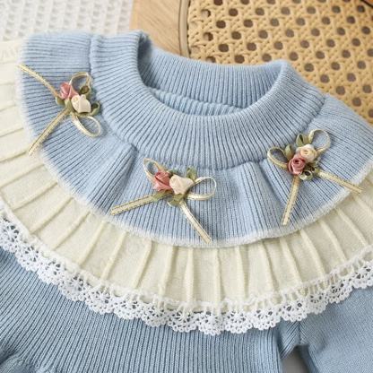 幼児用女の子用フラワー柄ダブルレイヤークルーネックニットDress - image 6