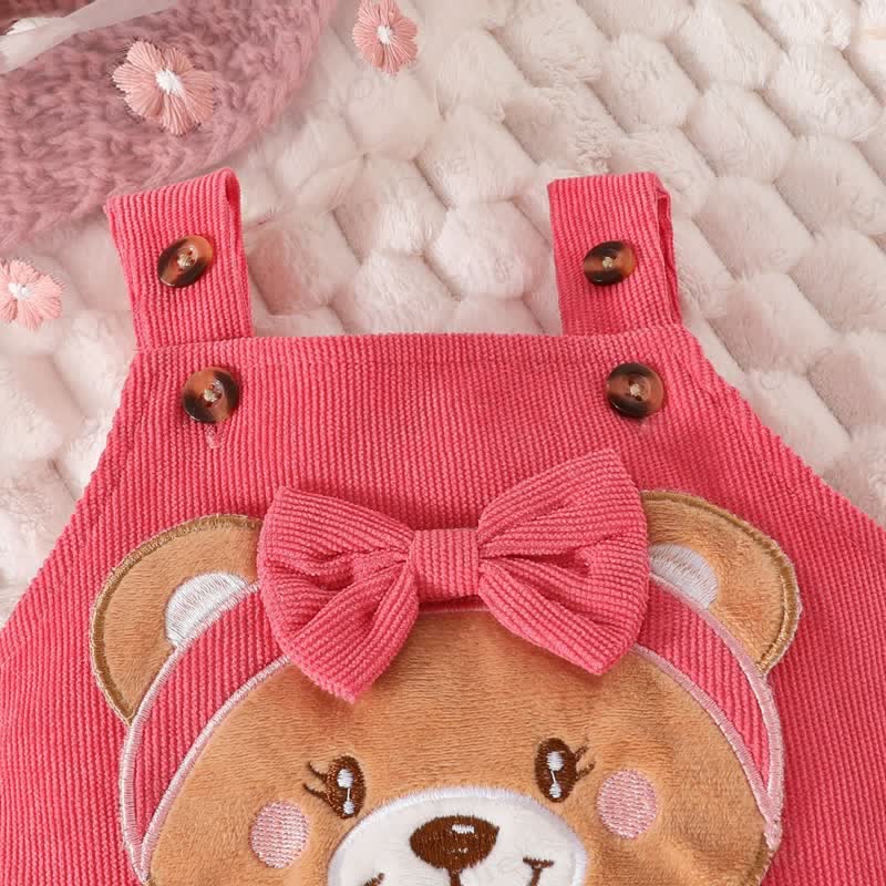 女の子用フラワーフライングスリーブボディスーツ＆ベアボウコードオーバーオール - image 5