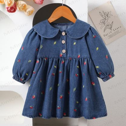 ベビー 幼児 女の子 刺繍 ストロベリーチェリー デニムDress - 青 - 8歳 - image 1