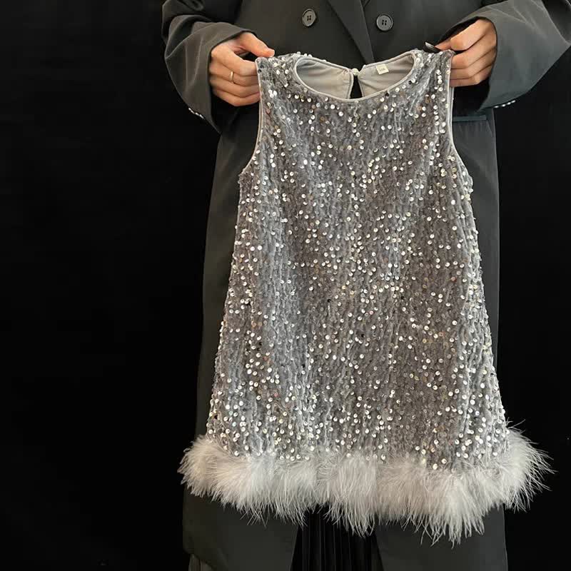 幼児用女の子用スパンコールフェザーノースリーブDress - グレー - 6.5-8T - image 1