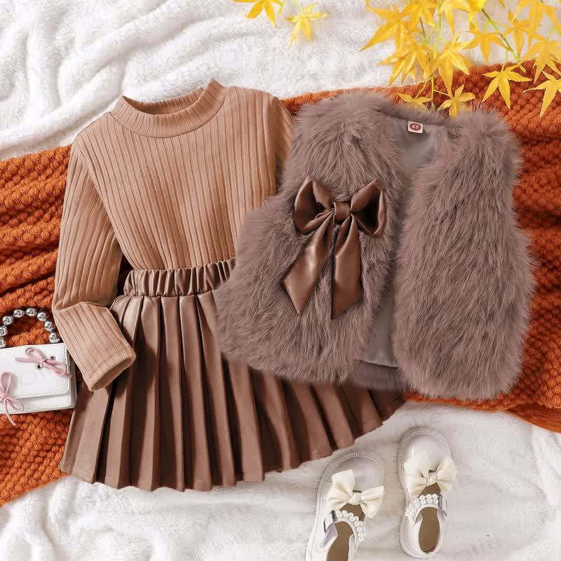 幼児用女の子用無地リボンファータンクトップ＆トップス＆スカート3点セット - コーヒー - 7歳 - image 3