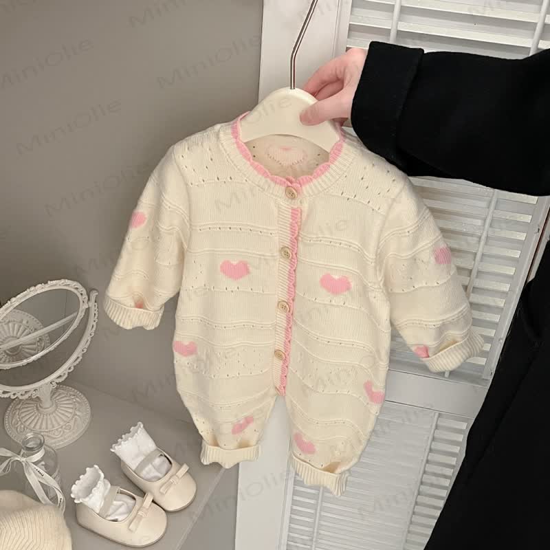 女の子用ニットハートプリントロンパース - ピンク - 2～3歳 - image 3