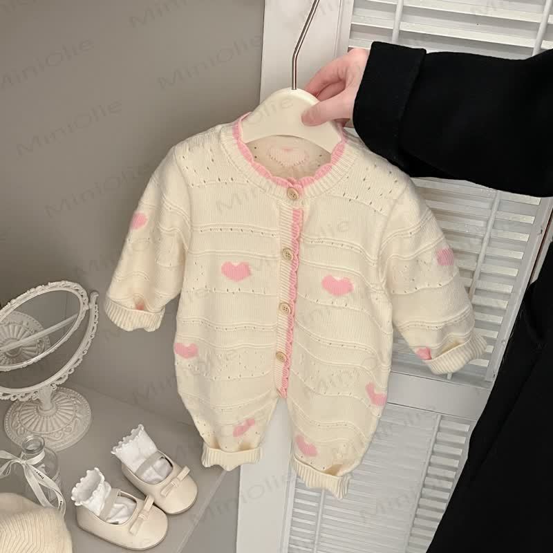 女の子用ニットハートプリントロンパース - ピンク - 2～3歳 - image 3