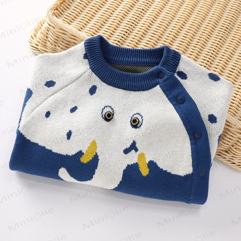 ベビーブルーの漫画象柄ニットロンパー - image 3