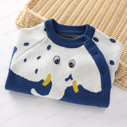 ベビーブルーの漫画象柄ニットロンパー - image 3