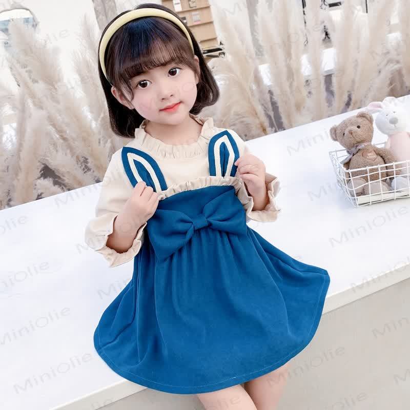 ベビー幼児女の子用バニーリボンカラーブロックDress - 青 - 5～7歳 - image 4