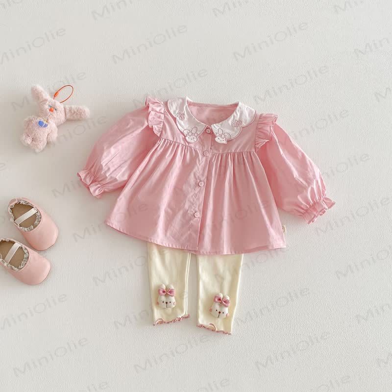 ベビー幼児女の子用バニーピンクトップス/ベージュリボンレギンス - image 1