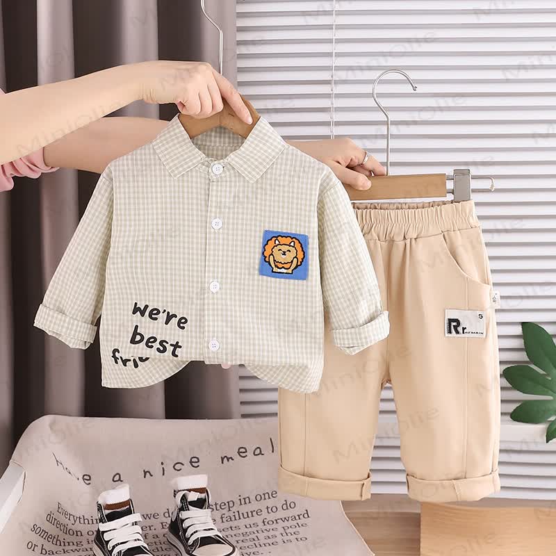 WE'RE BEST FRIベビー 幼児 男の子 ラブ アニマル チェック柄 2ピースセット - ライトグリーン - 5～7歳 - image 4