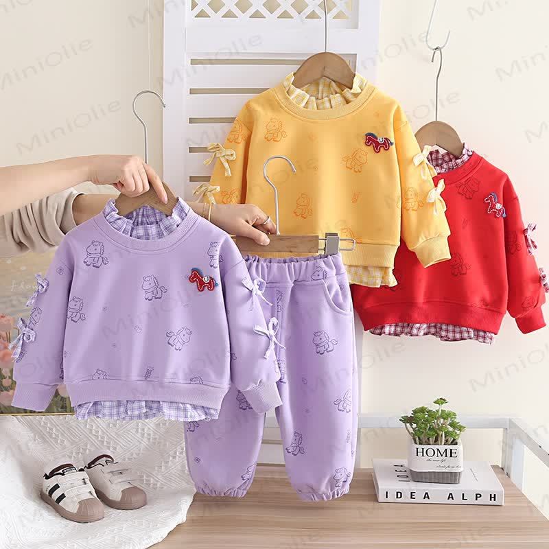 ベビー 幼児 女の子 馬柄 リボン チェック柄 2点セット - image 1