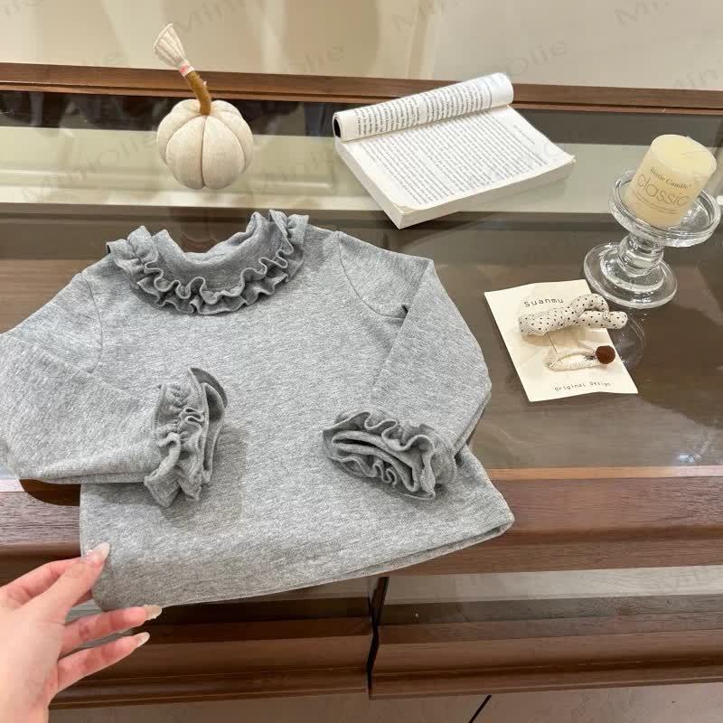 幼児用女の子用無地フリルTシャツ - グレー - 10歳 - image 3