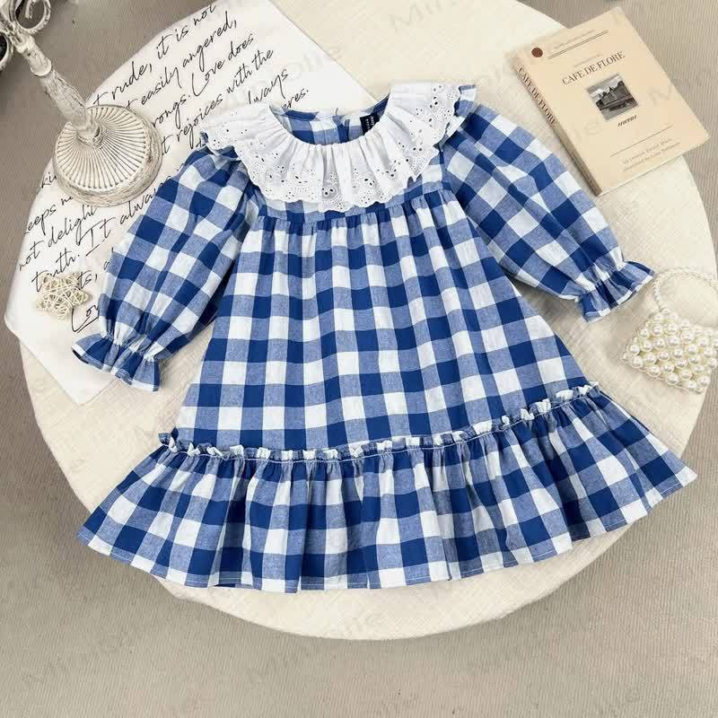 ベビー幼児女の子用チェック柄レースDress - 青 - 5-6Y - image 1
