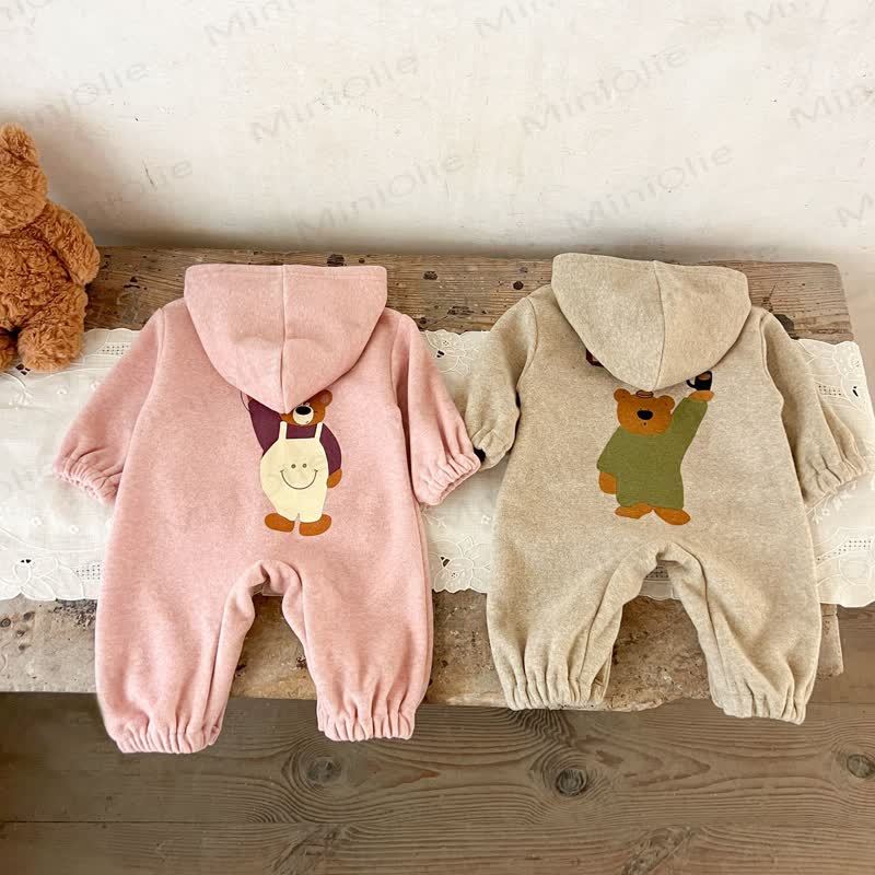 ベビーベアポケット付きフリース裏地フード付きロンパース - image 1