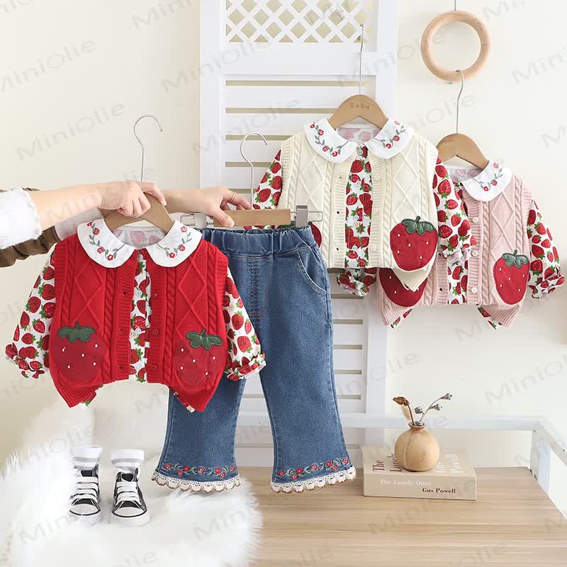 ベビー 幼児 女の子 ストロベリーフラワー 3ピース ニットセット - image 1