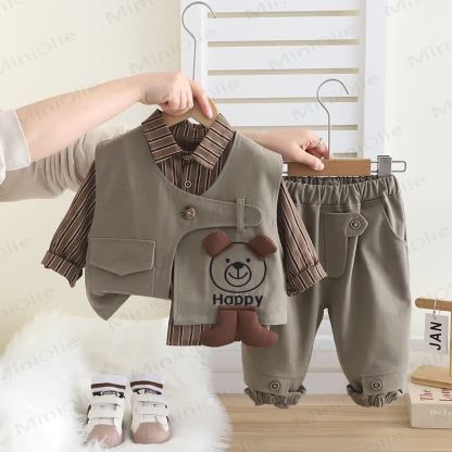 HAPPY幼児 男の子 ストライプ ドッグ 3ピース ニットセット - グレー - 5～7歳 - image 6