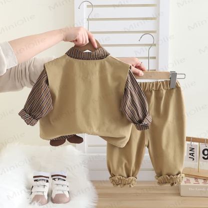 HAPPY幼児 男の子 ストライプ ドッグ 3ピース ニットセット - image 3