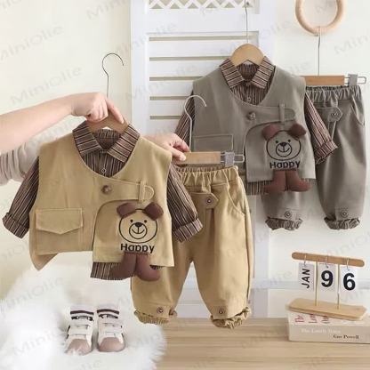 HAPPY幼児 男の子 ストライプ ドッグ 3ピース ニットセット - image 1