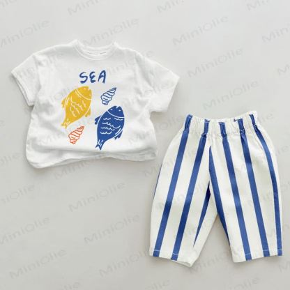 SEA Baby 2ピース フィッシュブルー 縦縞セット - ホワイト＆ブルー - 2～3歳 - image 1