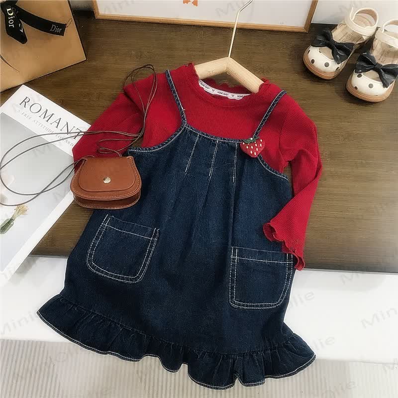 幼児用女の子デニムストロベリーDress - 赤 - 10歳 - image 1
