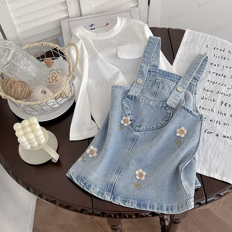 幼児用女の子用スウィートフラワーデニムサスペンダーDress - 青 - 8-9T - image 1