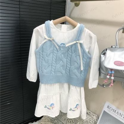 幼児用女の子用ホワイト刺繍Dress/ブルーセーター - image 3