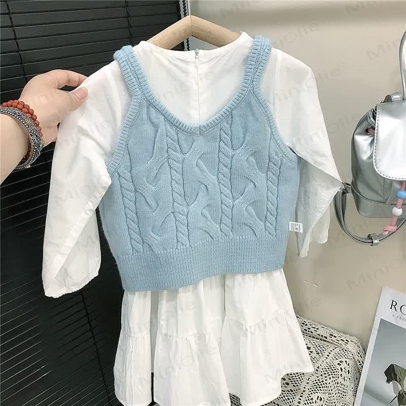 幼児用女の子用ホワイト刺繍Dress/ブルーセーター - image 4