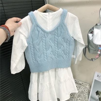 幼児用女の子用ホワイト刺繍Dress/ブルーセーター - image 4