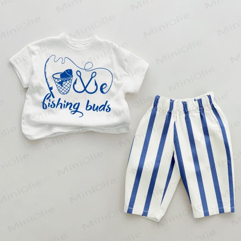 FISHING BUDSベビーブルー 縦縞 2点セット - ホワイト＆ブルー - 2～3歳 - image 1