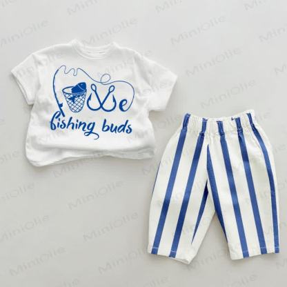 FISHING BUDSベビーブルー 縦縞 2点セット - ホワイト＆ブルー - 2～3歳 - image 1