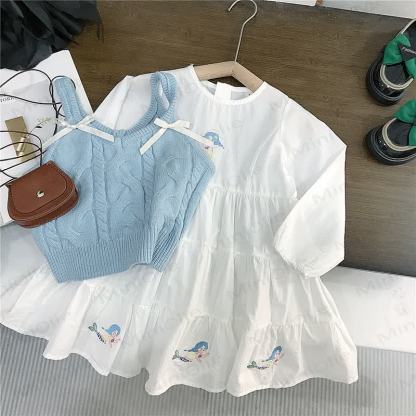 幼児用女の子用ホワイト刺繍Dress/ブルーセーター - image 2