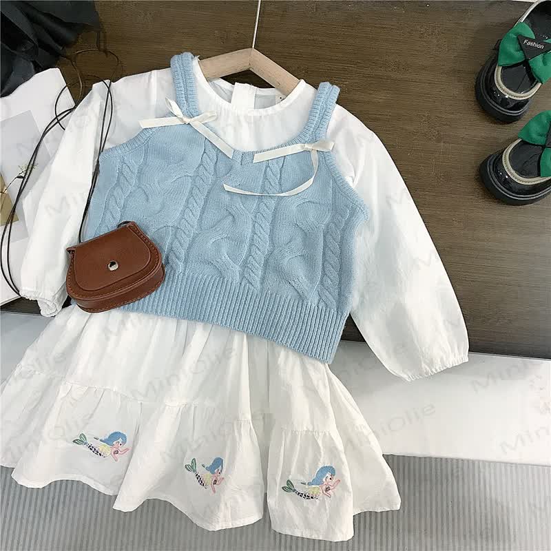 幼児用女の子用ホワイト刺繍Dress/ブルーセーター - image 1