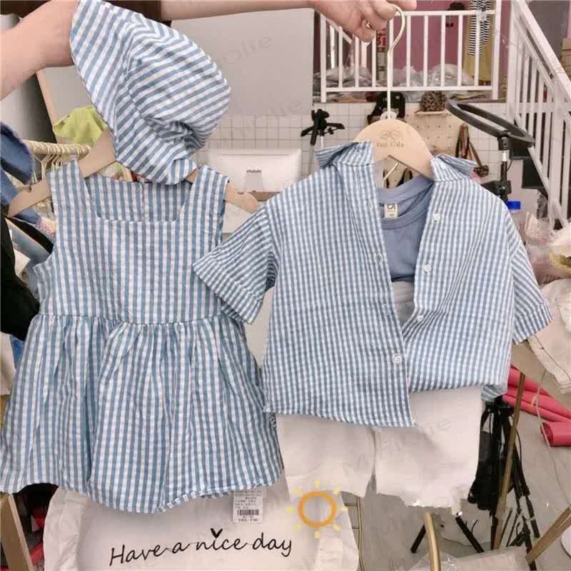 幼児用女の子用ブルーストライプチェック柄ノースリーブDress - image 1