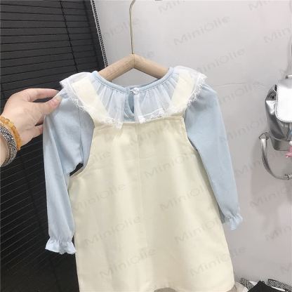 HAPPY幼児用女の子用リボンチェック柄ラブキャットベージュDress＆ブルートップス - image 5