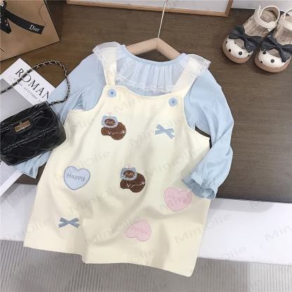 HAPPY幼児用女の子用リボンチェック柄ラブキャットベージュDress＆ブルートップス - image 2