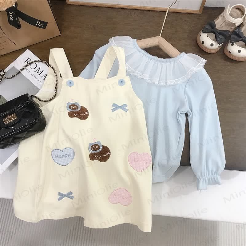 HAPPY幼児用女の子用リボンチェック柄ラブキャットベージュDress＆ブルートップス - ベージュのDressとブルーのトップス - 10歳 - image 1