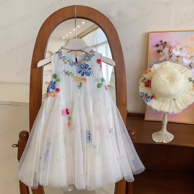 幼児用女の子用フラワーメッシュノースリーブDress - image 2