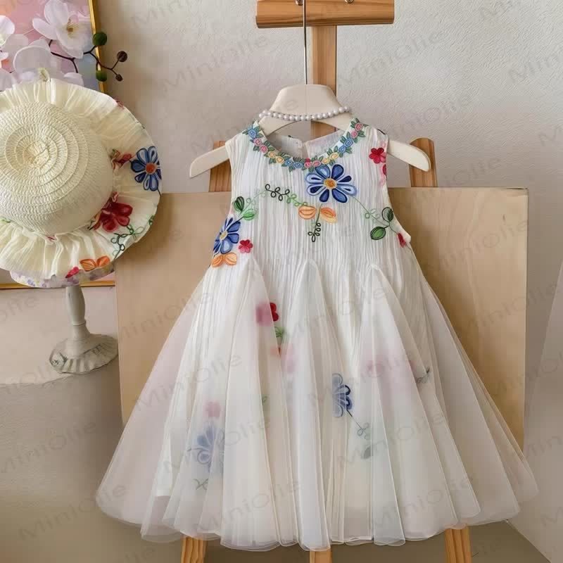 幼児用女の子用フラワーメッシュノースリーブDress - 白 - 10歳 - image 1