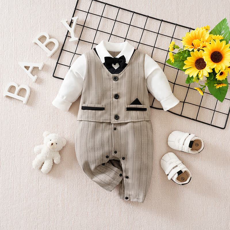 ベビーストライプ蝶ネクタイフェイクロンパース2枚セット - 茶色 - 12～18ヶ月 - image 2